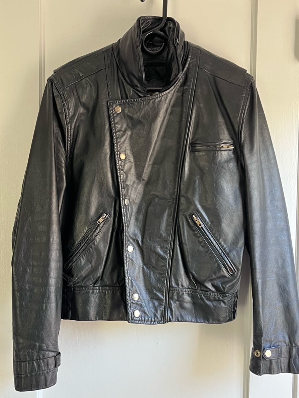 Classic Black Leather Moto Jacket with Asymmetric Zip
